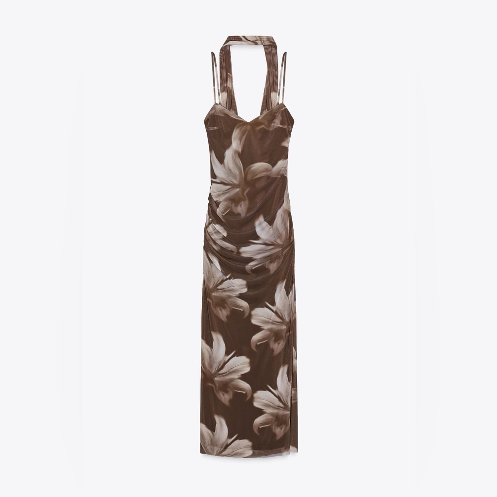 Zara TULLE PRINT MIDI DRESS WITH FOULARD